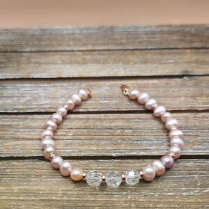 Pink Pearl, Crystal and Rose Gold Beaded Bracelet